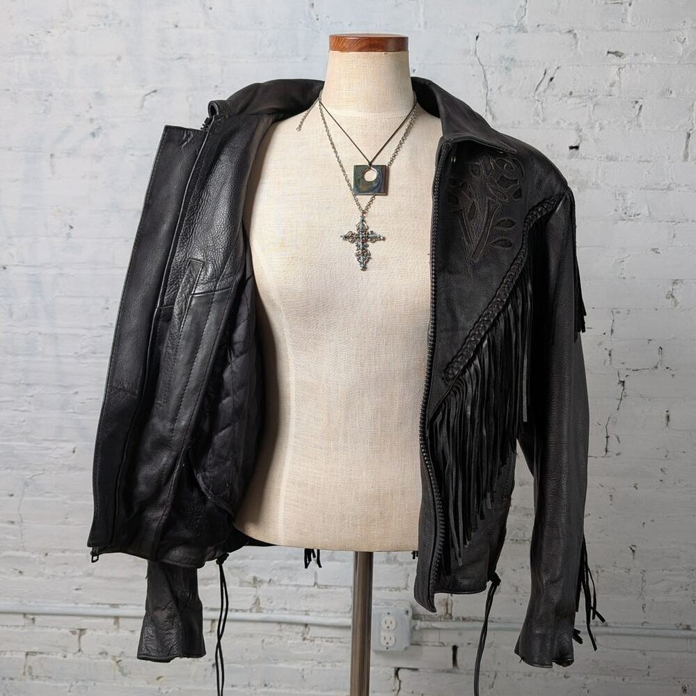 Vintage Black Leather Biker Fringe Jacket Moto Western Velvet Goth Coat Large - Picture 6 of 10
